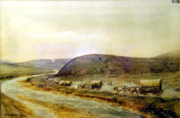 Drawing of wagon train rounding Independence Rock drawn (1938) by W.H. Jackson at Scotts Bluff National Monument at Scotts Bluff National Monument. WY.