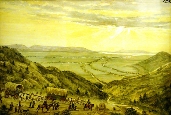 Drawing of wagon train descending into Great Salt Valley Utah by W.H. Jackson at Scotts Bluff National Monument at Scotts Bluff National Monument. WY.