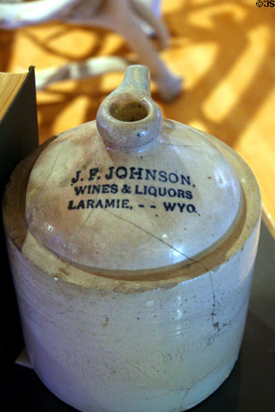 J.F. Johnson stoneware liquor jug from Laramie at Plains Museum. Laramie, WY.