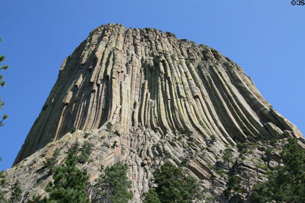 Looking up square rock columns of Devils Tower. WY.