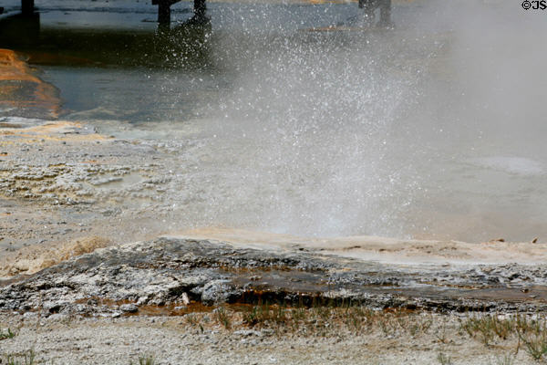Hot water explodes in Old Faithful area of Yellowstone National Park. WY.