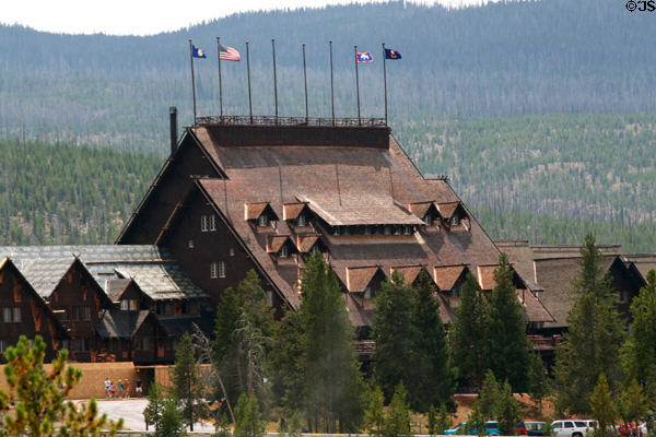 Old Faithful Inn (1904) in Yellowstone National Park is the world's largest log hotel. WY. Architect: Robert C. Reamer. On National Register.