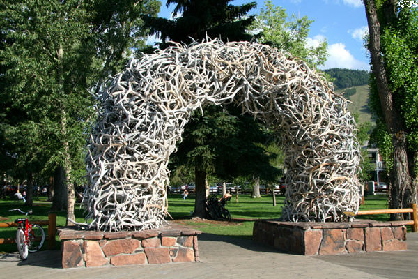 Arch of elk antlers in Jackson, WY, Town Square. Jackson, WY.