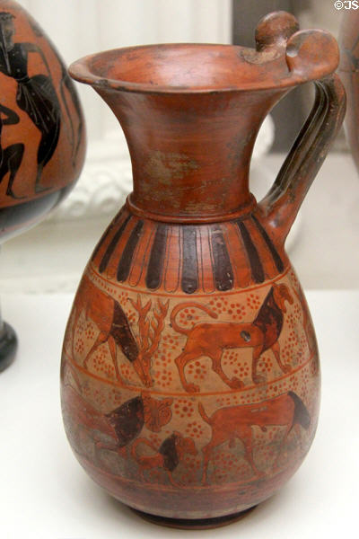 Earthenware Oinochoe used like a ladle to pour wine from a bowl to cups (625-600 BCE) by the Bearded Sphinx Painter from Italy at Lady Lever Art Gallery. Liverpool, England.