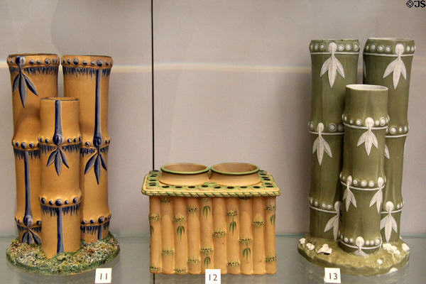 Wedgwood yellow caneware containers plus one in cane shape made of green jasper (1790-1800) at Lady Lever Art Gallery. Liverpool, England.
