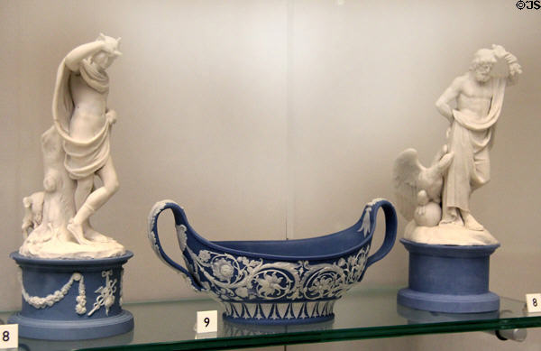 Wedgwood jasper statuettes of Mercury & Jupiter (1783-86) & blue jasper cream bowl (1787-1800) at Lady Lever Art Gallery. Liverpool, England.
