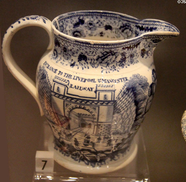 Liverpool & Manchester Railway commemorative pottery pitcher (1830) at Museum of Liverpool. Liverpool, England.