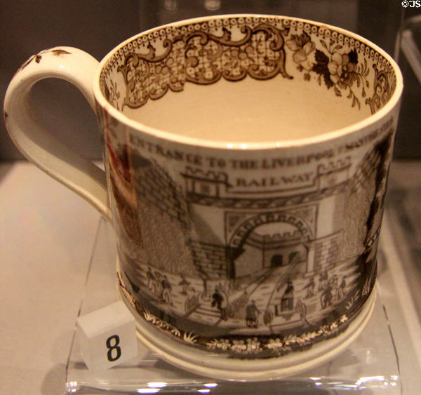 Liverpool & Manchester Railway commemorative pottery mug (1830) at Museum of Liverpool. Liverpool, England.