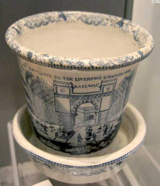 Liverpool & Manchester Railway commemorative pottery flower pot (1830) at Museum of Liverpool. Liverpool, England.