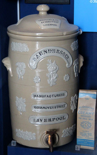 Ceramic water filter jug early (20thC) by Saunders & Co of Liverpool at Museum of Liverpool. Liverpool, England.