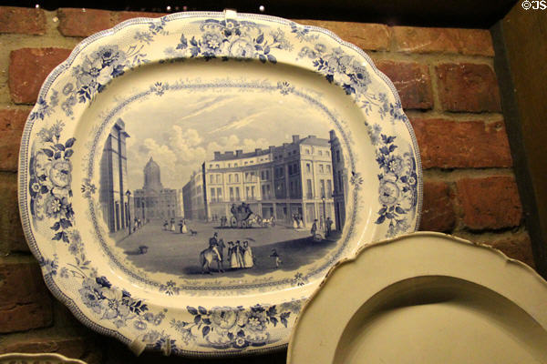 Earthenware meat-dish transfer-printed with scene of Liverpool (c1833) by Herculaneum Pottery, Toxteth, Liverpool at Museum of Liverpool. Liverpool, England.