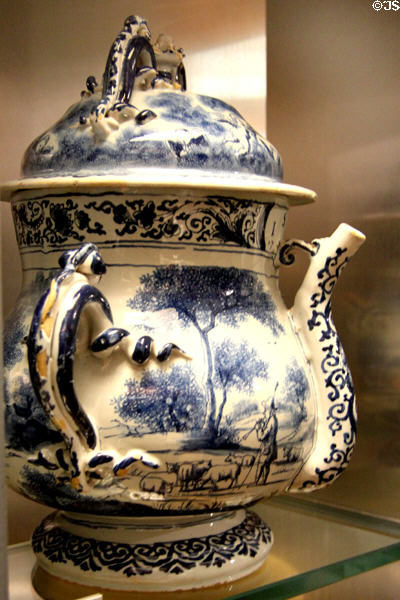 Tin-glazed earthenware posset pot (1702) prob. from London at Walker Art Gallery. Liverpool, England.