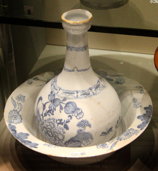 Tin-glazed earthenware water bottle & basin (c1750) from Liverpool at Walker Art Gallery. Liverpool, England.