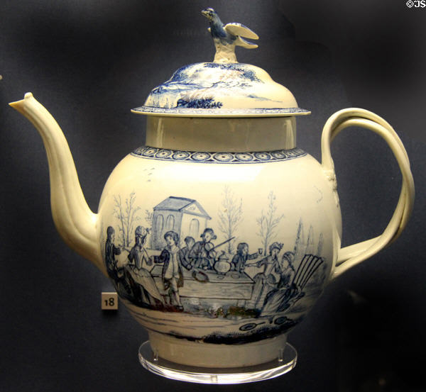 Porcelain punch-pot with blue outdoor party scene with picture of pot itself (1780-90) by John or Seth Pennington's factory, Liverpool at Walker Art Gallery. Liverpool, England.