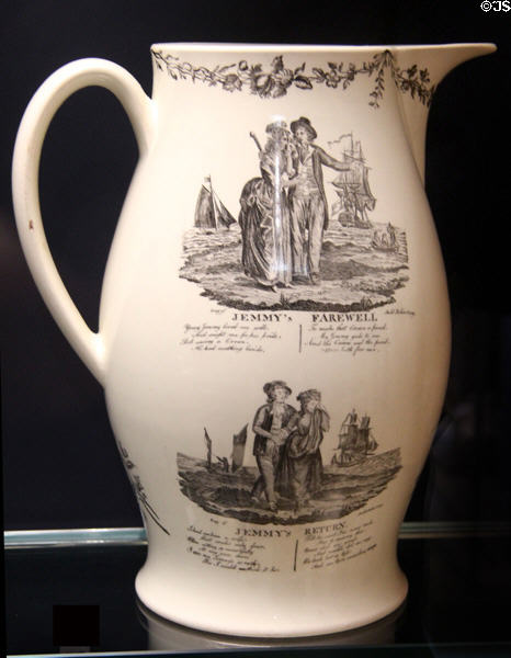 Creamware transfer-print jug with nautical song lyrics to sing while drinking contents (c1800) from Liverpool or Staffordshire at Walker Art Gallery. Liverpool, England.