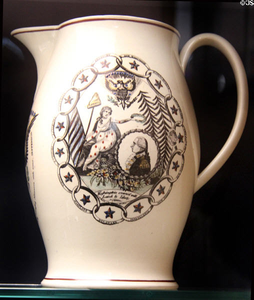 Creamware jug transfer-printed with George Washington heading 15 states (c1804) from Liverpool made for American market at Walker Art Gallery. Liverpool, England.
