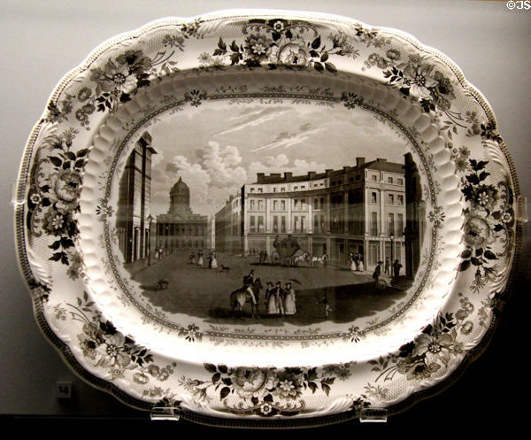 Earthenware meat-dish transfer-printed with scene of Liverpool (c1833) by Herculaneum Pottery, Toxteth, Liverpool at Walker Art Gallery. Liverpool, England.