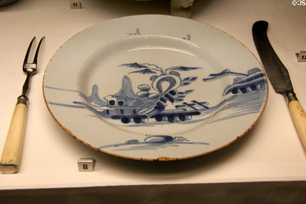 Tin-glazed earthenware plate (delftware style) from Liverpool at Walker Art Gallery. Liverpool, England.