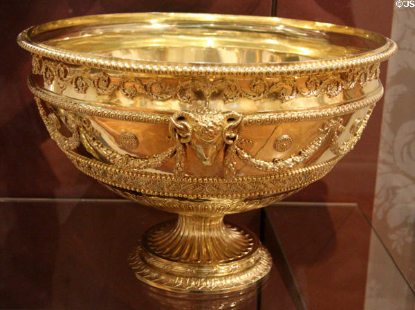 Silver gilt punch bowl (1771-2), part of dinner service designed for Sir Watkin Williams-Wynn by Adam, from Thomas Heming London at National Museum of Wales. Cardiff, Wales.
