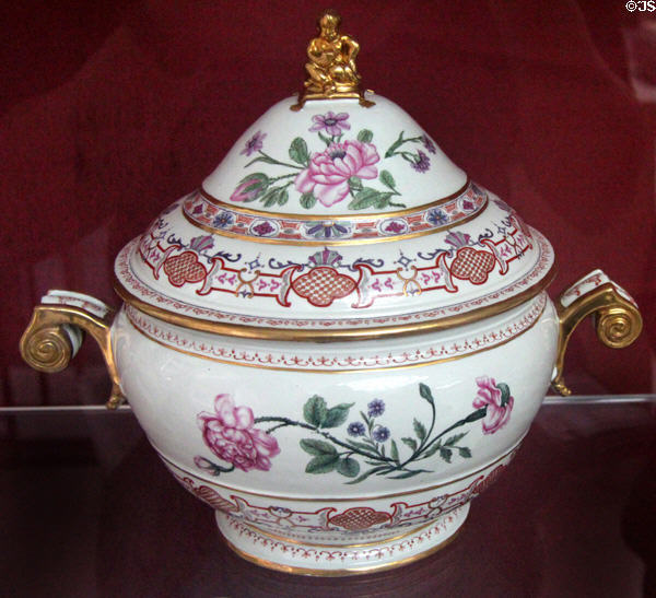 Porcelain tureen (1730-35) with floral design & gilt handles by Du Paquier factory, Vienna at National Museum of Wales. Cardiff, Wales.