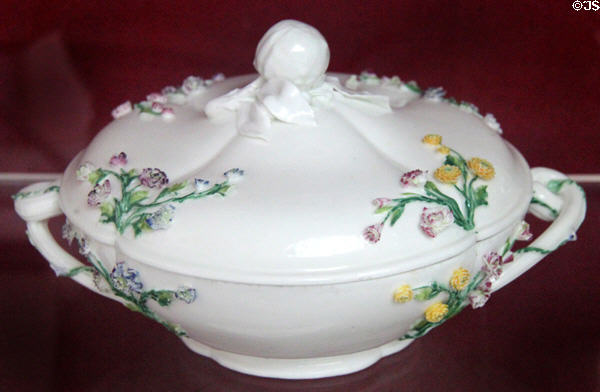 Soft-paste porcelain tureen with floral design (late 1740s) made in Vincennes, France at National Museum of Wales. Cardiff, Wales.