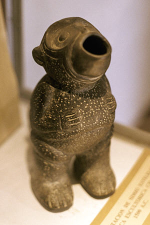 Chavin stylized monkey ceramic (1500 BCE) in Incan Museum, Cusco. Peru.