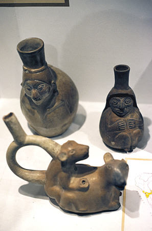 Mochika ceramics (100 BCE) from Peru in Incan Museum, Cusco. Peru.