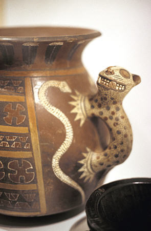 Inca jug with puma & snake handle (15th-16thC) in Incan Museum, Cusco. Peru.