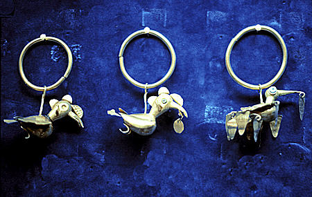 Lambayeque bird earrings in Gold Museum, Lima. Peru.