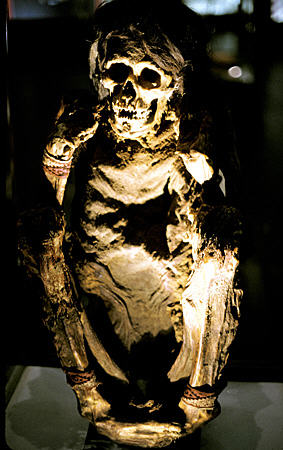 Mummy with textiles in Gold Museum, Lima. Peru.