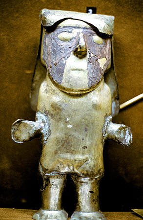 Inca idol, gold leaf human figure (15thC) in Gold Museum, Lima. Peru.