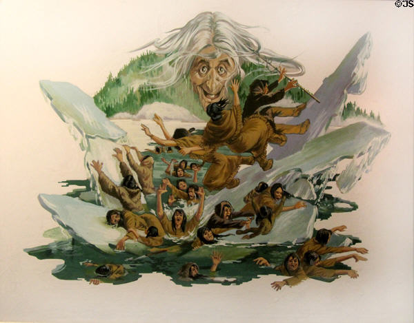 The Old Woman's Curse, who when left behind cursed her tribe who later drowned when ice gave way painting (1967) by Douglas Allan Wood in private collection.