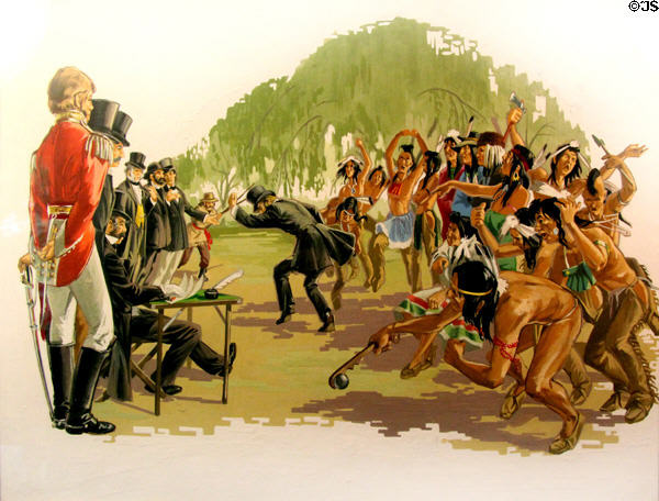Pow-wow at Driftwood Crossing, after surveying disputes arising from the Treaty of 1854 nearly lead to war, Pow-wow dancing by officials & braves got the situation under control painting (1967) by Douglas Allan Wood in private collection.