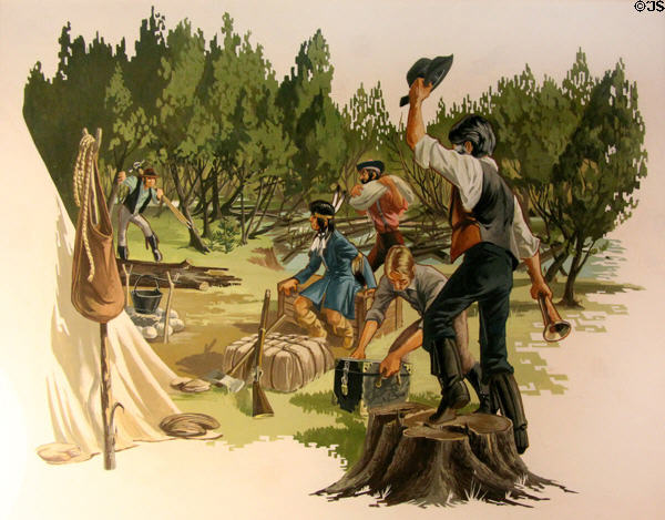 The Meeting of Land Agent Telfer & Surveyor Rankin, wherein the two had to find each other in 1840; Telfer found Rankin's empty camp where he blew a horn left on a stump to summon Rankin painting (1967) by Douglas Allan Wood in private collection.