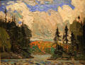 Black Spruce in Autumn painting on board by Tom Thomson at McMichael Gallery. Kleinburg, ON.