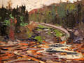 Log Flume in Autumn painting on board by Tom Thomson at McMichael Gallery. Kleinburg, ON.