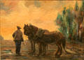 Farmer leading two horses painting on board by Tom Thompson at Tom Thompson Art Gallery. Owen Sound, ON.