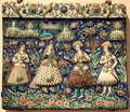 Fritware tile embossed & painted with Iranians in traditional dress of 1600s from Tehran, Iran at Aga Khan Museum. Toronto, ON.