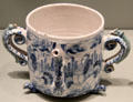 Posset pot with Chinese figures on English delftware prob. London at Gardiner Museum. Toronto, ON.