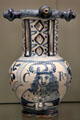 Puzzle jug commemorating Charles II of English delftware from Bristol or London at Gardiner Museum. Toronto, ON.