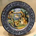 Majolica dish with scene rape of Europa from Faenza, Italy at Gardiner Museum. Toronto, ON.
