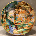 Majolica dish with Fall of Troy from Urbino, Italy at Gardiner Museum. Toronto, ON.