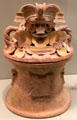 Teotihuacan earthenware incense burner with warrior lid from central Mexico at Gardiner Museum. Toronto, ON.