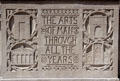 Carved stone sign show architectural styles on Royal Ontario Museum. Toronto, ON.