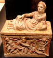 Etruscan terracotta cinerary chest with sculpted reclining woman & with much of original paint at Royal Ontario Museum. Toronto, ON