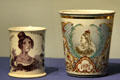 Pearlware mug with transferware image of Princess Victoria & enameled metal tumbler transfer-printed with Queen Victoria celebrating her Diamond Jubilee at Royal Ontario Museum. Toronto, ON.
