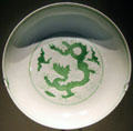 Porcelain green dragon dish from China at Montreal Museum of Fine Arts. Montreal, QC.