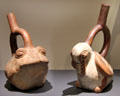 Mochica culture terracotta stirrup vessels in forms of frog & duck from North Coast of Peru at Montreal Museum of Fine Arts. Montreal, QC.