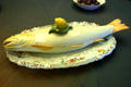 Faience terrine in form of fish by Pasquale Antonibon from Nove, Italy at Ariana Museum. Geneva, Switzerland.