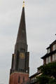 Modern spire atop post-WWII reconstruction of St Jacobi Church. Hamburg, Germany.